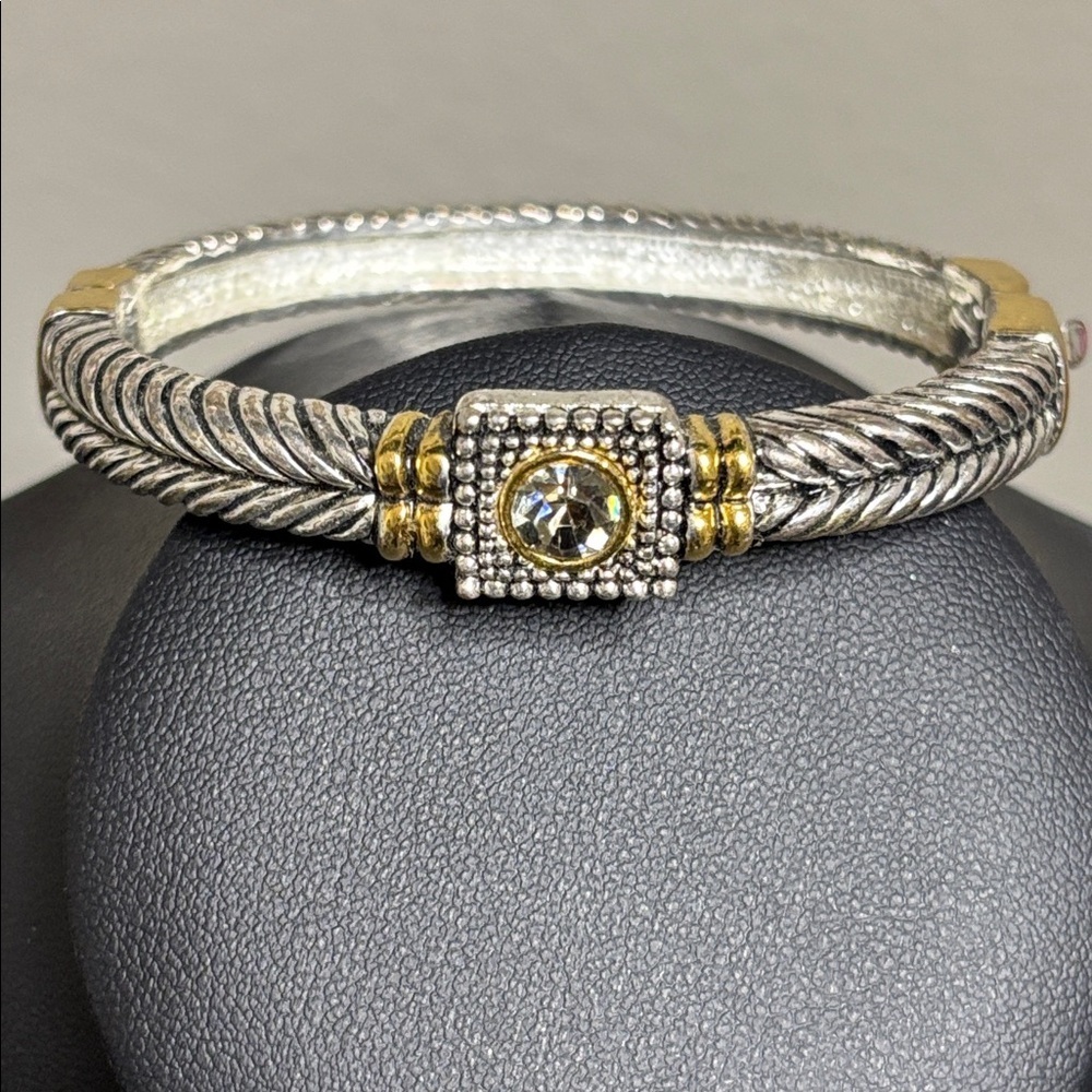 Premier Designs Silver Gold Tone Cable Bracelet Gemstone Accent Clamper Bangle